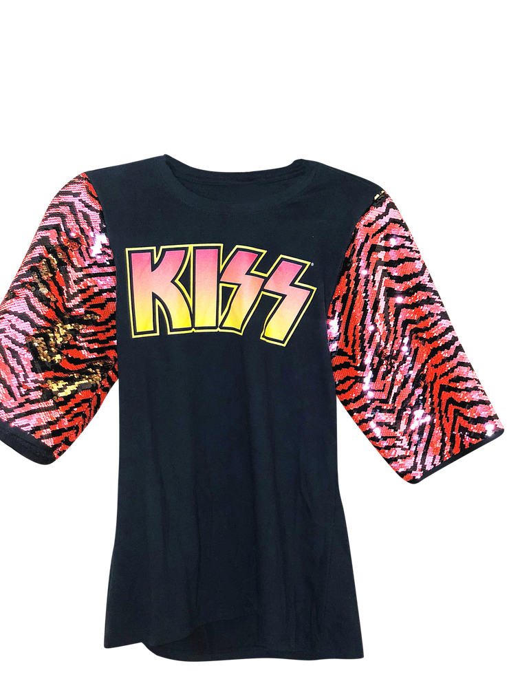 KISS Distressed Logo Zebra Sequin Vintage Graphic Boho Festival T Shirt