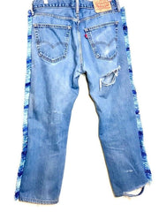 Vintage Levis Upcycled Blue Shades Fringe Trim Jeans Festival Boho Gypsy 