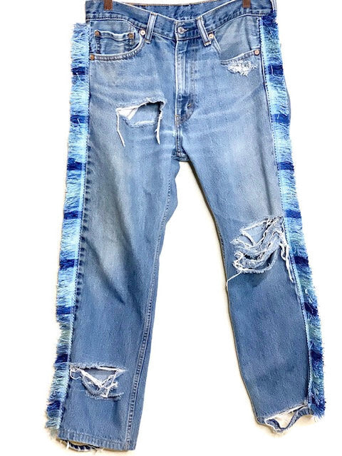 Vintage Levis Upcycled Blue Shades Fringe Trim Jeans Festival Boho Gypsy 