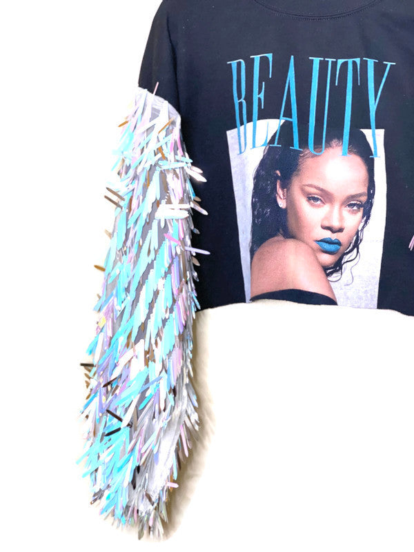 Rihanna Sequin Sweatshirt Hoodie Festival Fashion Womens Shirt Gypsy Boho Chic Hip Hop Top Tee