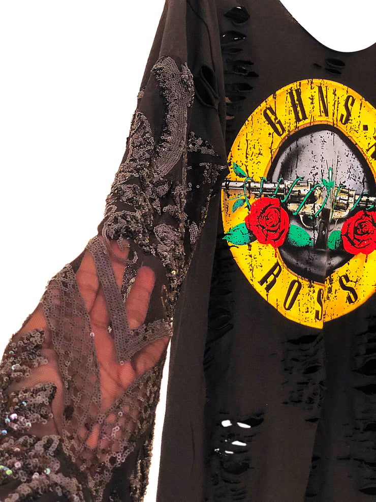 Guns N Roses Vintage Boho Lace Graphic Festival Sequin T Shirt 
