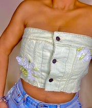 Levis Vintage Upcycled Sustainable Fashion Festival Boho Lace Denim Corset Cincher Waist Trainer Green Floral Mesh