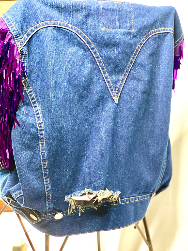 Levis Vintage Upcycled Sustainable Fashion Festival Boho Purple Fringe Sequin Denim Jacket