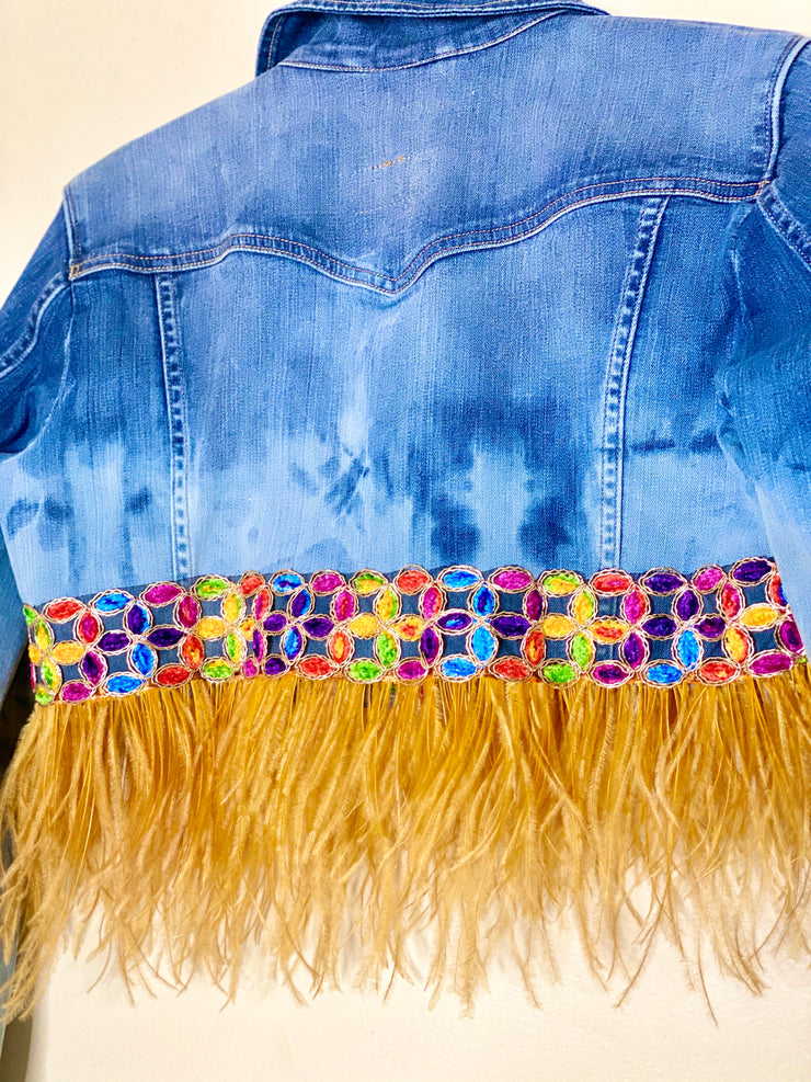Levis Vintage Upcycled Sustainable Fashion Festival Boho Feather Cutoff Denim Jacket