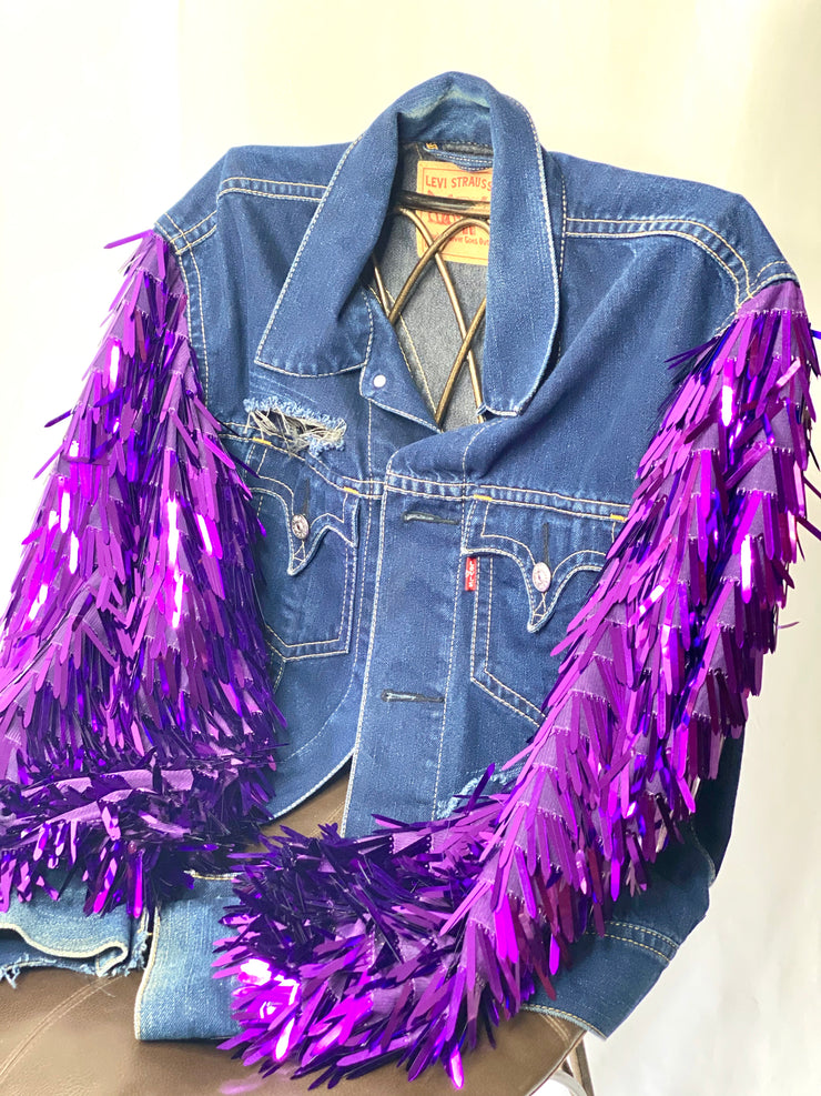 Levis Vintage Upcycled Sustainable Fashion Festival Boho Purple Fringe Sequin Denim Jacket